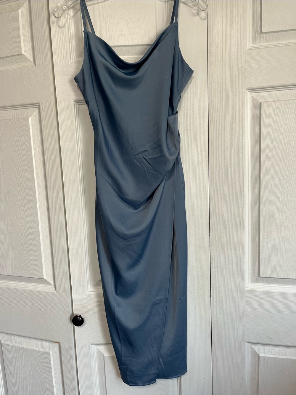 Lulu's Slate Blue Satin Cowl Midi Dress